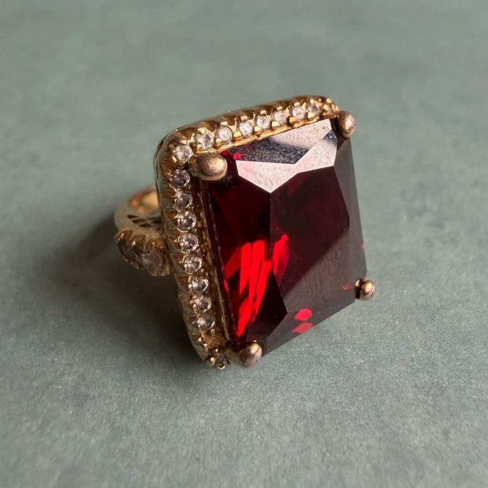 Vintage Halo Emerald Cut Garnet Red Glass Cocktail Ring – Gold Tone Statement Ri